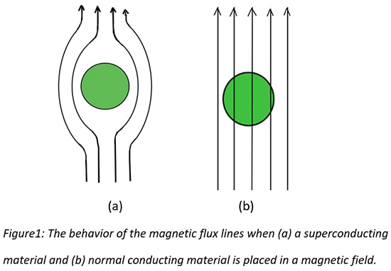 behavior of the magnetic flux lines when a superconducting material and normal conducting material is placed in a magnetic field